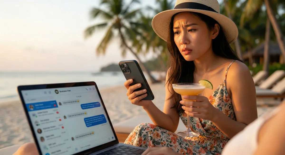 Chủ quán ngồi xem điện thoại, lo lắng về chiết khấu sàn giao đồ ăn